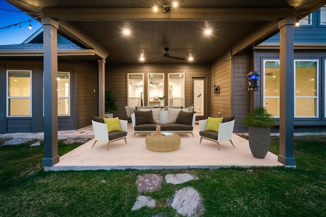 view of patio featuring ceiling fan and an outdoor living space