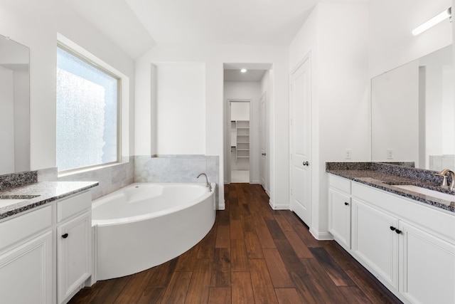 bathroom with hardwood / wood-style floors, a wealth of natural light, and vanity