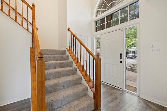 900 Laurel Cv, Buda, TX 78610 - foyer featuring stairs, dark wood-type flooring, a towering ceiling, and baseboards