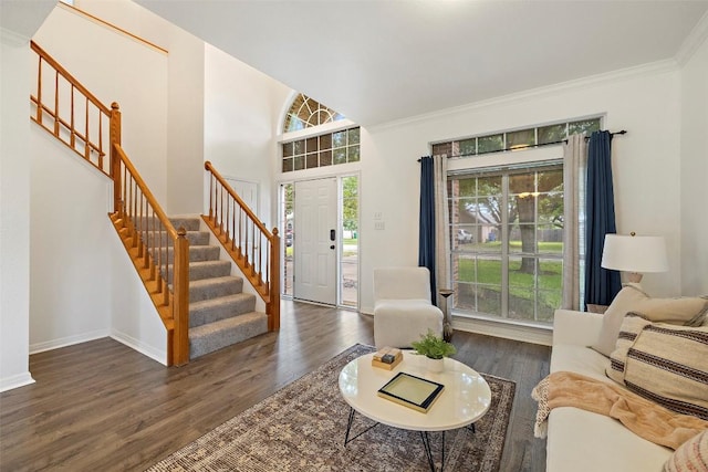 900 Laurel Cv, Buda, TX 78610 - living room with stairway, wood finished floors, plenty of natural light, crown molding, and baseboards