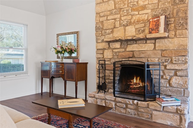 interior space with wood-type flooring and a fireplace