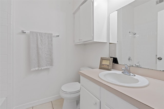 bathroom with walk in shower, tile patterned flooring, vanity, and toilet