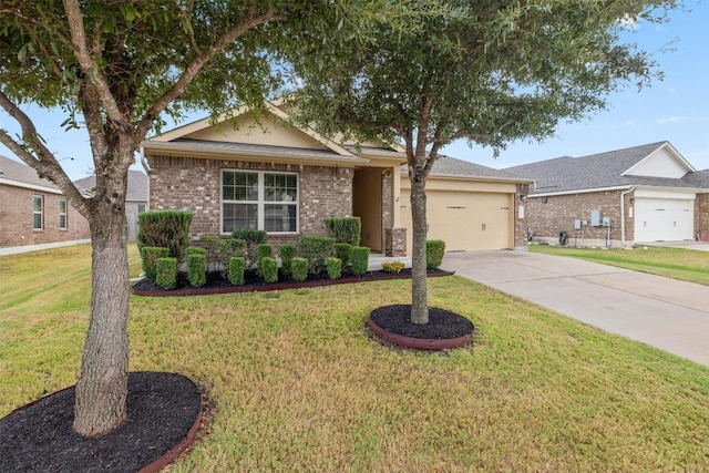 ranch-style home featuring a garage and a front lawn