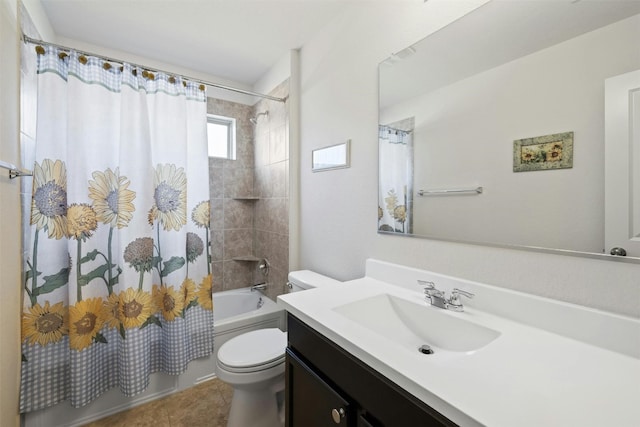 full bathroom with tile patterned floors, vanity, toilet, and shower / bath combination with curtain