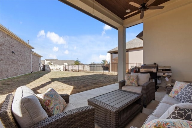 view of patio / terrace featuring ceiling fan, outdoor lounge area, and grilling area