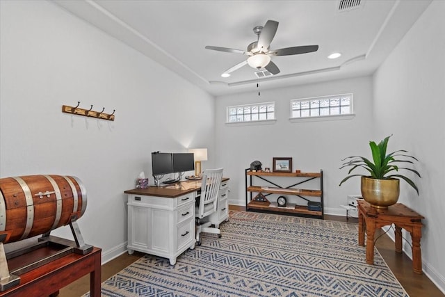 office featuring ceiling fan and dark hardwood / wood-style flooring