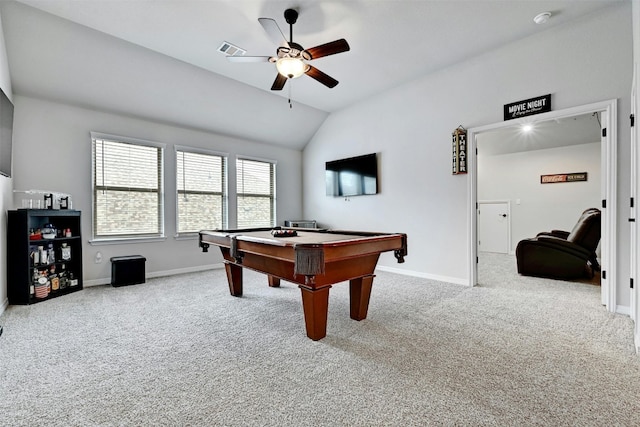 playroom with ceiling fan, billiards, lofted ceiling, and light colored carpet