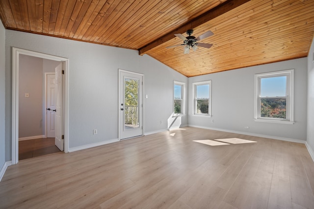 unfurnished room featuring wooden ceiling, ceiling fan, vaulted ceiling with beams, and light hardwood / wood-style flooring