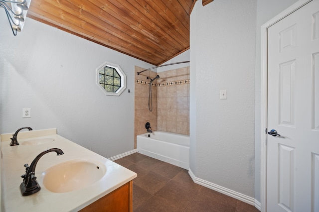 bathroom with lofted ceiling, tiled shower / bath, wood ceiling, and vanity