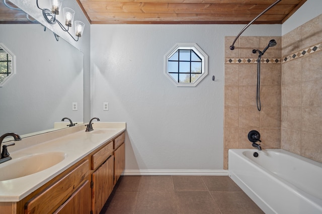 bathroom with vanity, wood ceiling, and tiled shower / bath