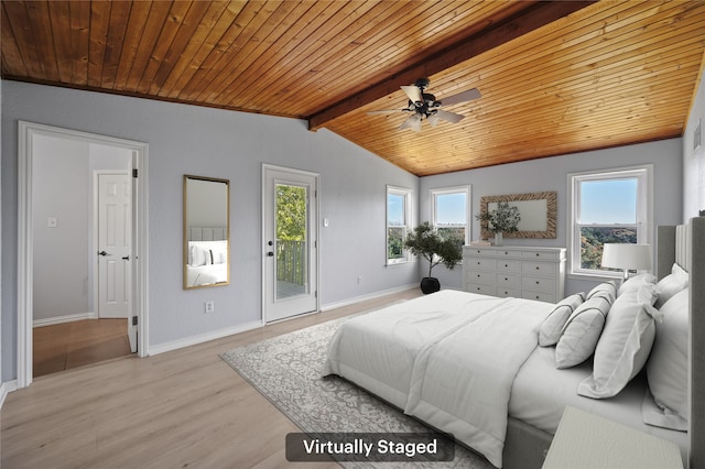 bedroom featuring wood ceiling, lofted ceiling with beams, ceiling fan, access to exterior, and light hardwood / wood-style flooring