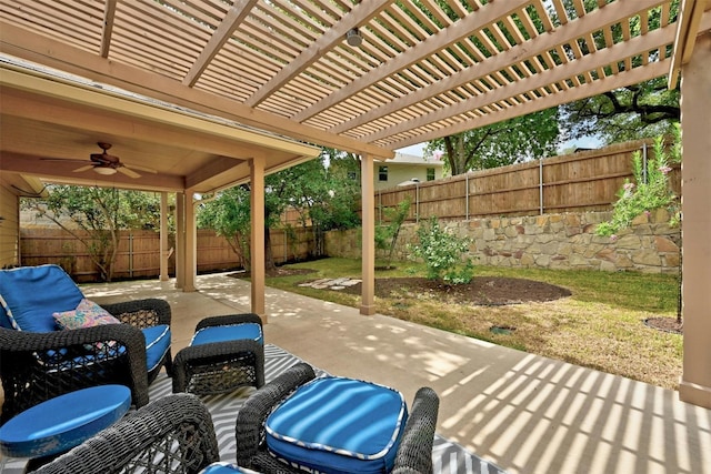 view of patio with an outdoor hangout area, a pergola, and ceiling fan