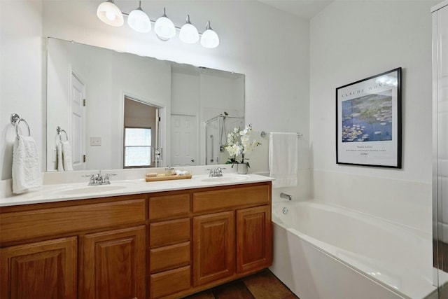 bathroom featuring vanity, plus walk in shower, and tile patterned floors