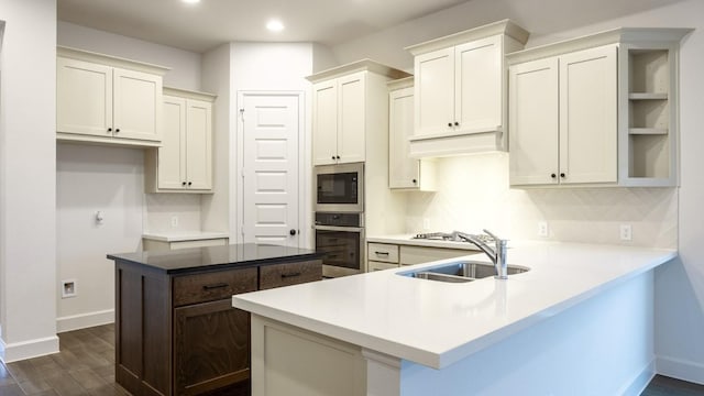 176 Plumbago Loop, Bastrop, TX 78602 - kitchen featuring stainless steel appliances, dark wood-style floors, recessed lighting, a peninsula, and white cabinets