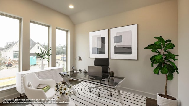 176 Plumbago Loop, Bastrop, TX 78602 - office area featuring vaulted ceiling, recessed lighting, and wood finished floors