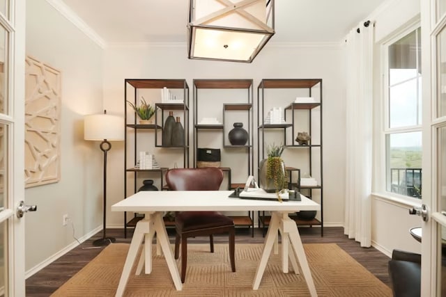 office with ornamental molding and dark wood-type flooring