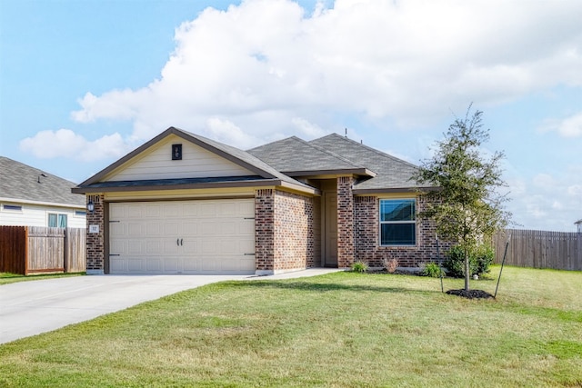 ranch-style house with a garage and a front lawn