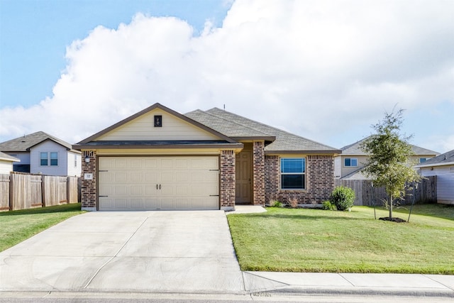 ranch-style home with a garage and a front yard