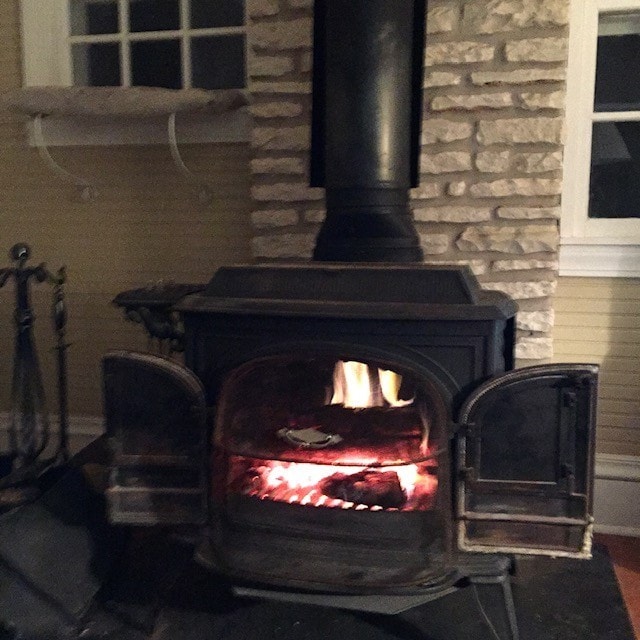 interior details with a wood stove