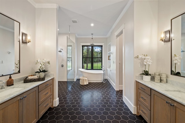 bathroom featuring shower with separate bathtub, vanity, tile patterned floors, and crown molding