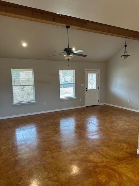 interior space with ceiling fan and lofted ceiling with beams