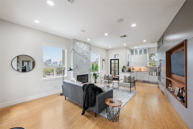 living room featuring light wood-type flooring, sink, and a premium fireplace