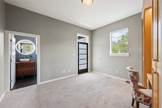 bedroom featuring light colored carpet and sink