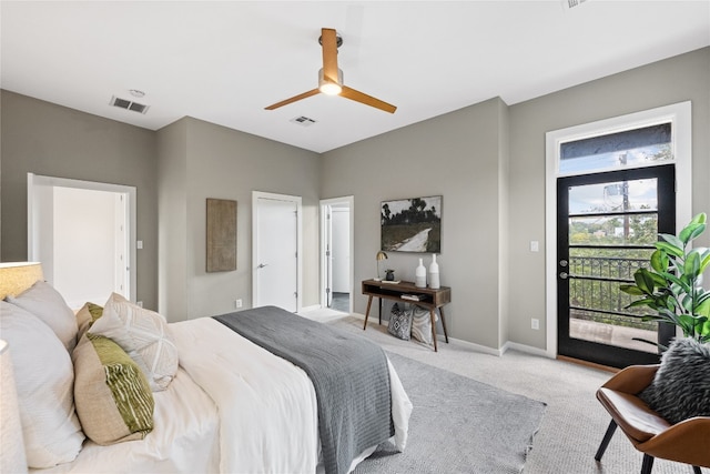 bedroom with light colored carpet, ceiling fan, and access to exterior