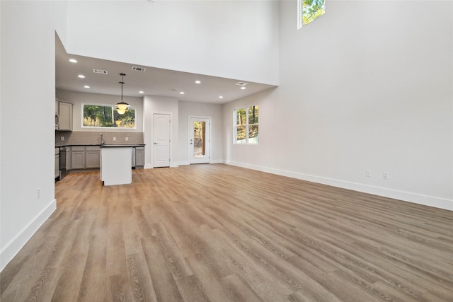 unfurnished living room featuring sink and light hardwood / wood-style flooring