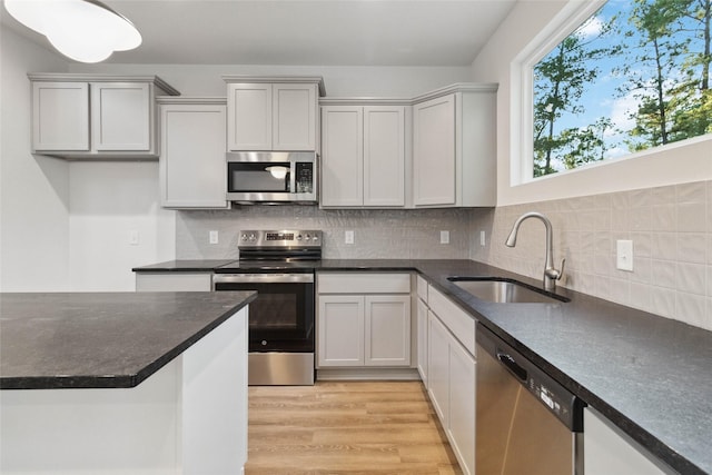 kitchen featuring appliances with stainless steel finishes, sink, backsplash, and light wood-type flooring