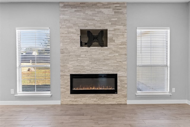 room details featuring a stone fireplace and wood-type flooring