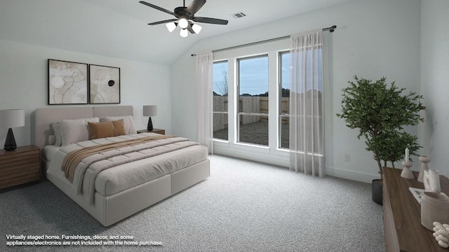 bedroom with visible vents, carpet flooring, vaulted ceiling, ceiling fan, and baseboards