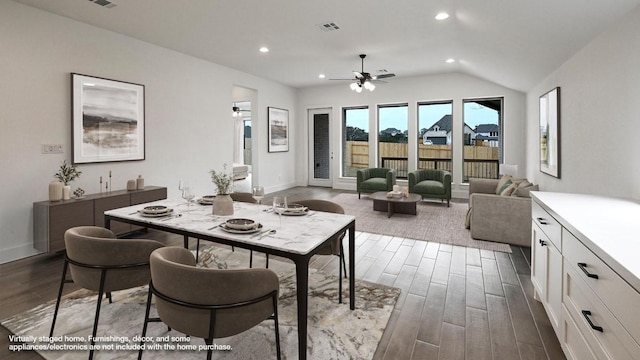 dining space with dark wood-style floors, visible vents, and recessed lighting