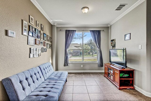 tiled living room featuring crown molding