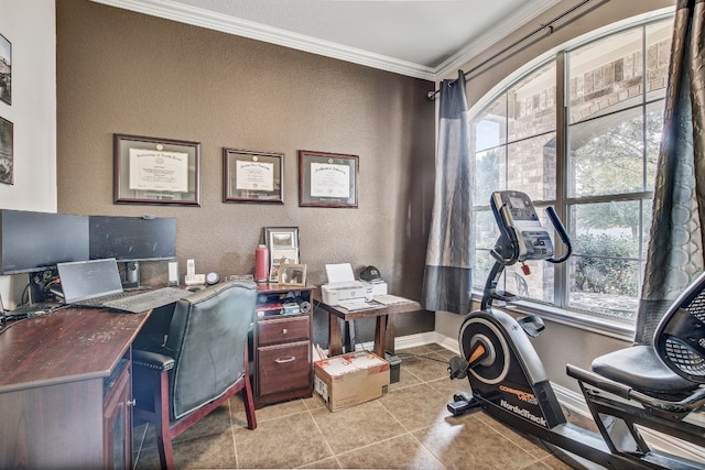 office with light tile patterned flooring and ornamental molding