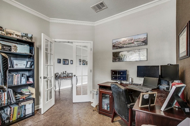 tiled home office with ornamental molding, french doors, and a textured ceiling