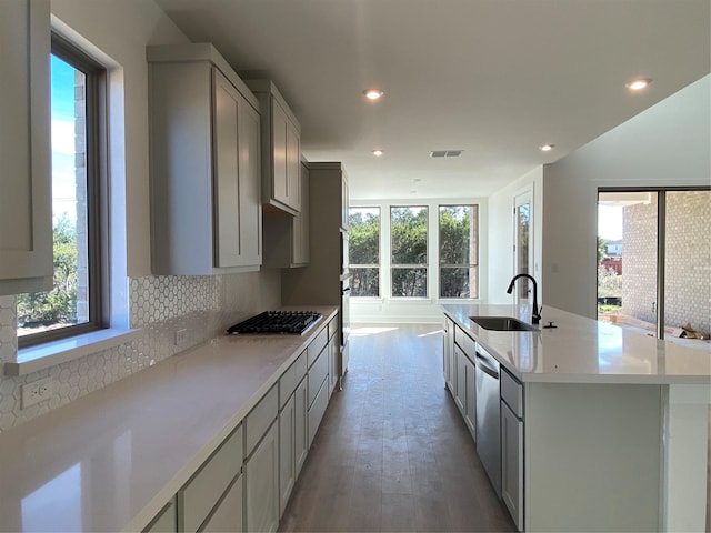 kitchen featuring stainless steel appliances, decorative backsplash, a kitchen island with sink, gray cabinetry, and sink