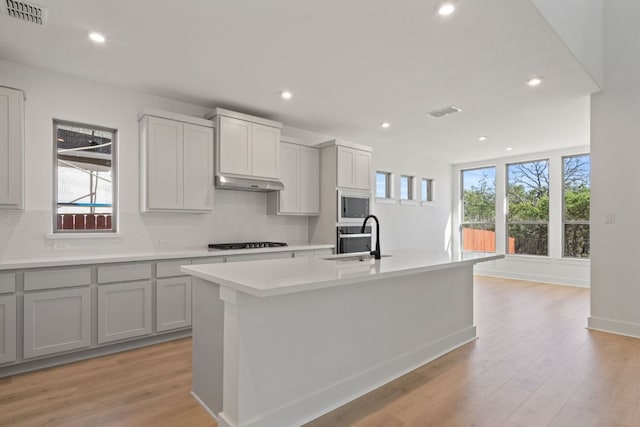 1515 Cardinal Ln, Round Rock, TX 78681 - kitchen with a sink, gray cabinetry, appliances with stainless steel finishes, recessed lighting, and plenty of natural light