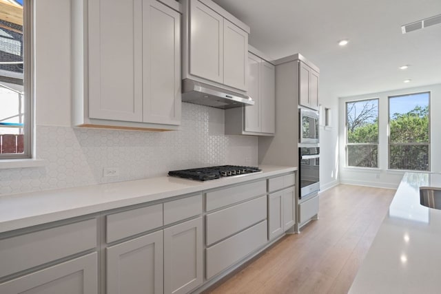 1515 Cardinal Ln, Round Rock, TX 78681 - kitchen featuring stainless steel appliances, light wood-style flooring, under cabinet range hood, light countertops, and recessed lighting