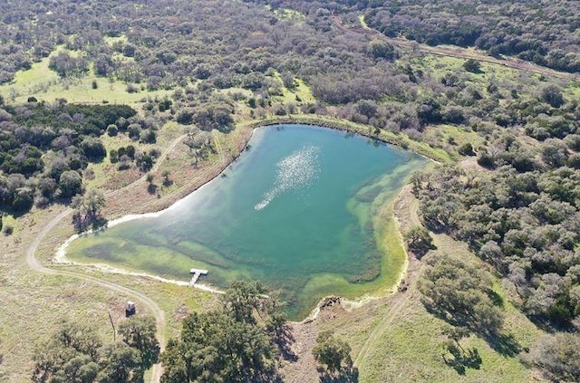 aerial view featuring a forest view and a water view