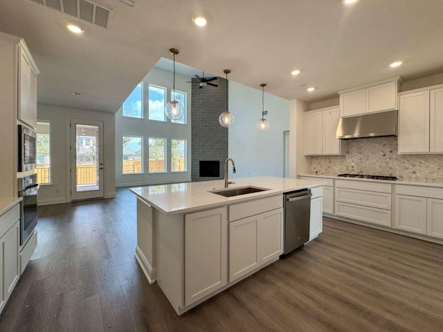 kitchen featuring under cabinet range hood, a sink, open floor plan, stainless steel appliances, and light countertops