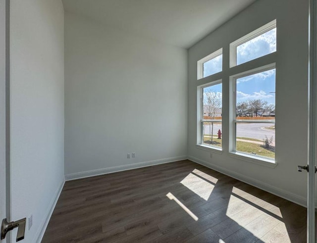 spare room with a wealth of natural light, baseboards, and dark wood finished floors