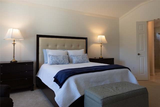 carpeted bedroom featuring ornamental molding