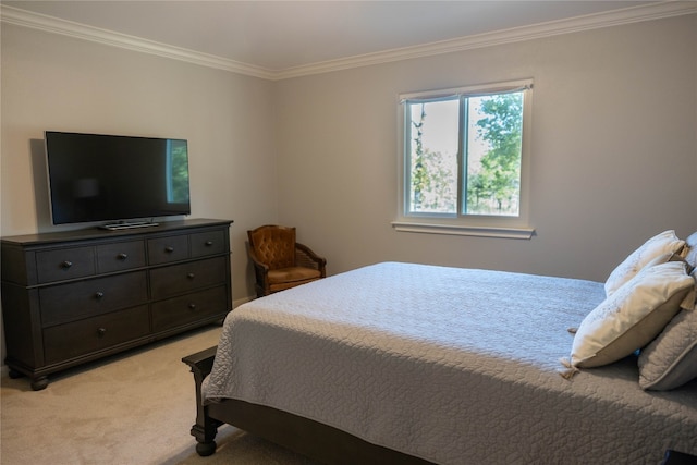 carpeted bedroom featuring ornamental molding