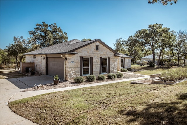 ranch-style house with a front lawn, a garage, and cooling unit