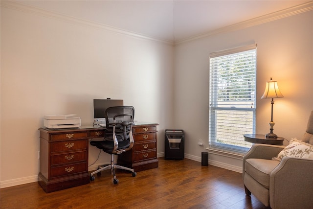 office featuring dark hardwood / wood-style floors and crown molding