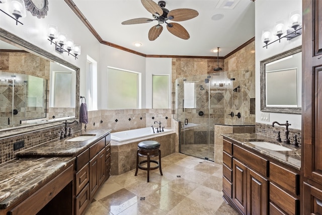 bathroom featuring tasteful backsplash, vanity, crown molding, and separate shower and tub