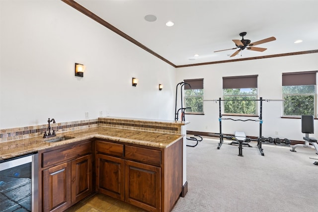 kitchen featuring crown molding, wine cooler, light carpet, sink, and ceiling fan