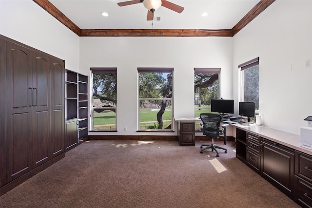 carpeted office space with ornamental molding, plenty of natural light, and ceiling fan