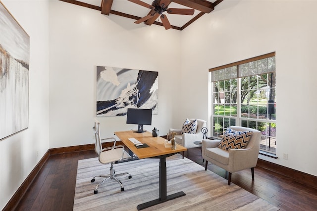 office space featuring high vaulted ceiling, hardwood / wood-style floors, ceiling fan, and beam ceiling